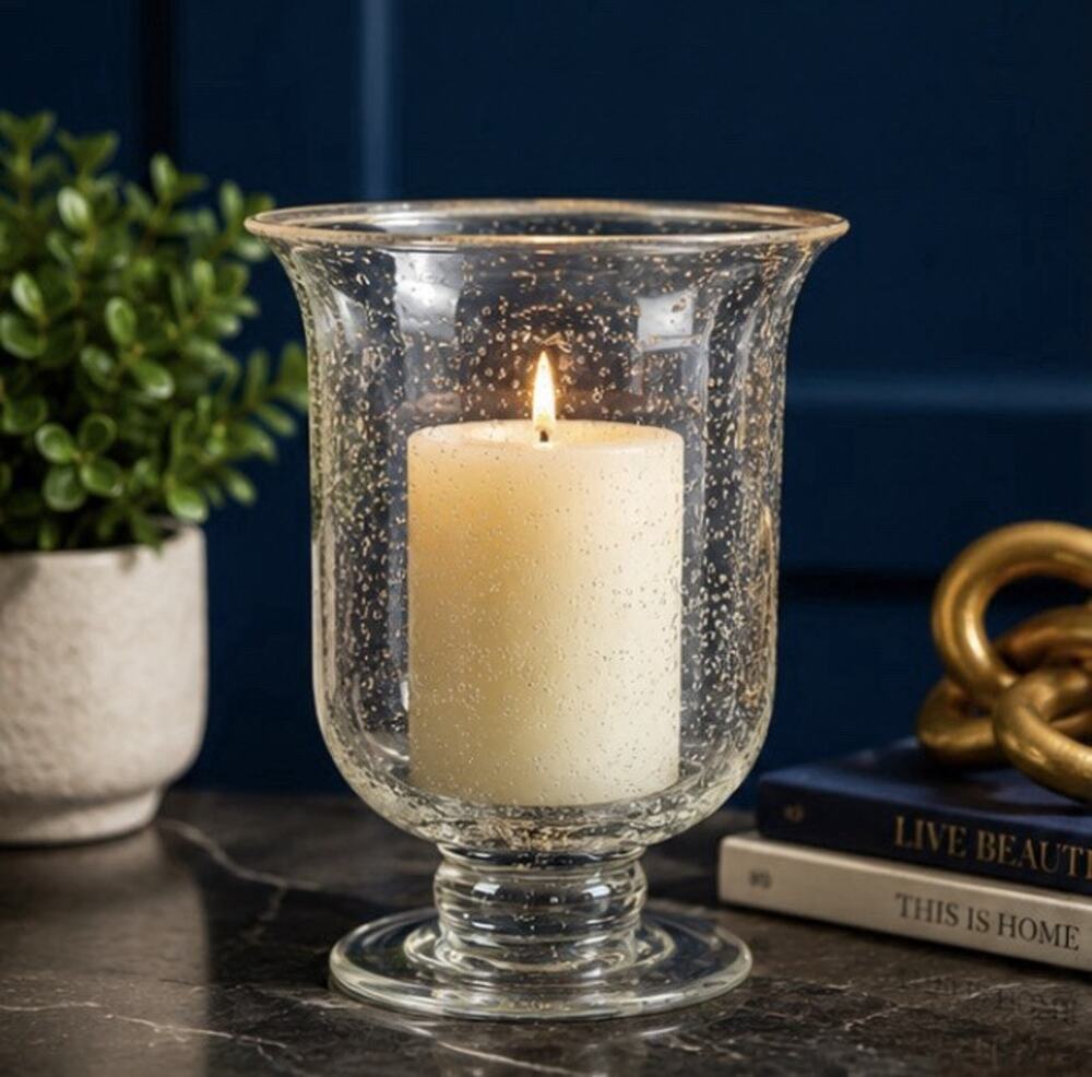 Large Hurricane Clear Glass Pedestal Bullicante Controlled Bubble Pattern Candle